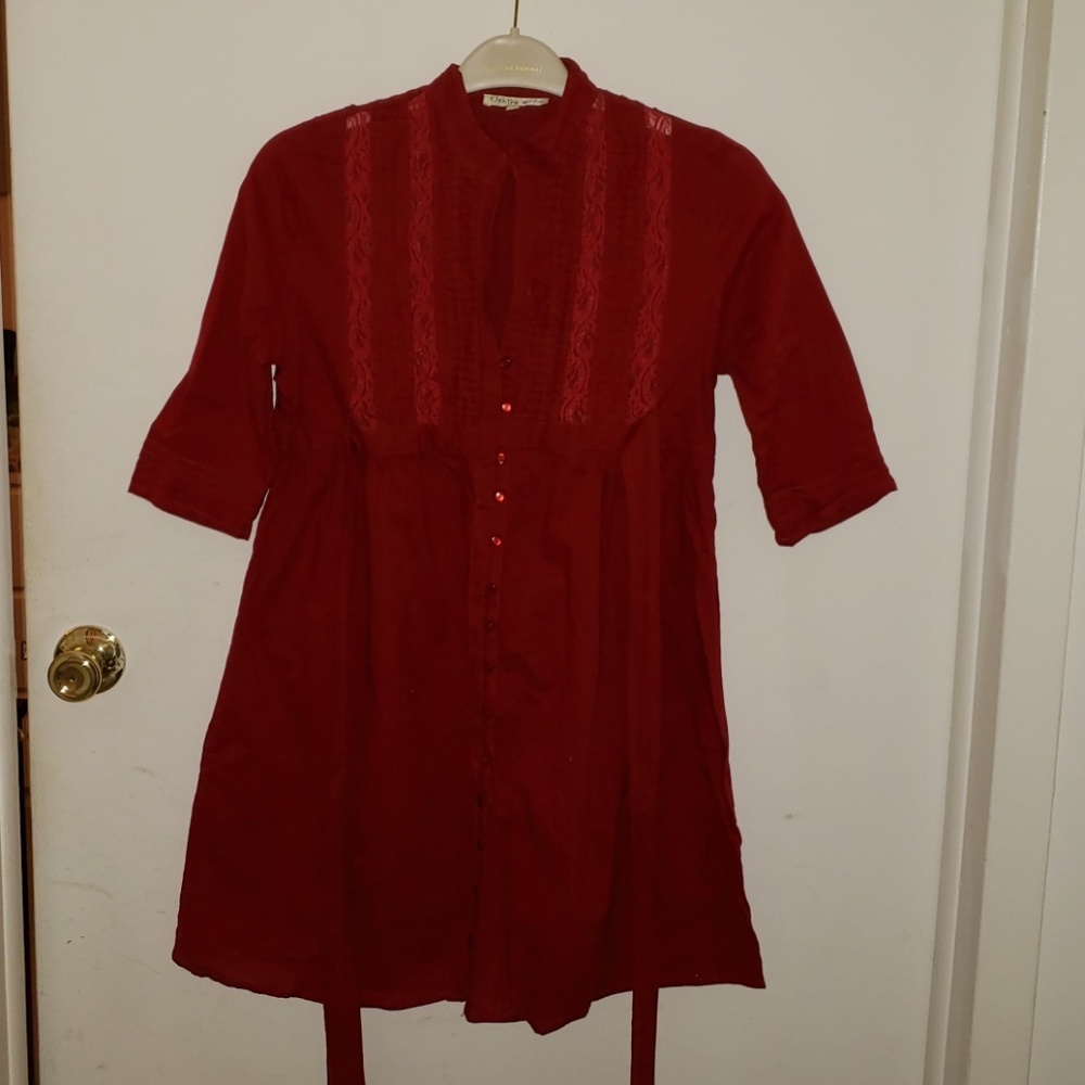 Red Button Up Shirtdress with Waist Tie